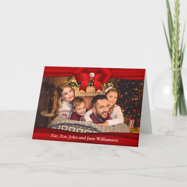 Cartes Pour Fêtes Annuelles Photo de Noël Rouge Ruban Diamant Bow (Devant)