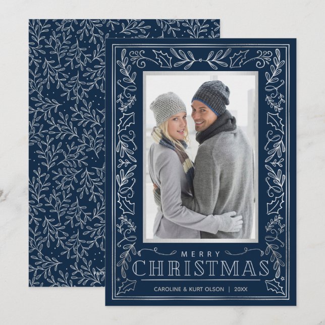 Cartes Pour Fêtes Annuelles Photo de Noël Silver Greenery (Devant / Derrière)