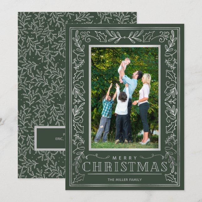 Cartes Pour Fêtes Annuelles Photo de Noël Silver Greenery (Devant / Derrière)