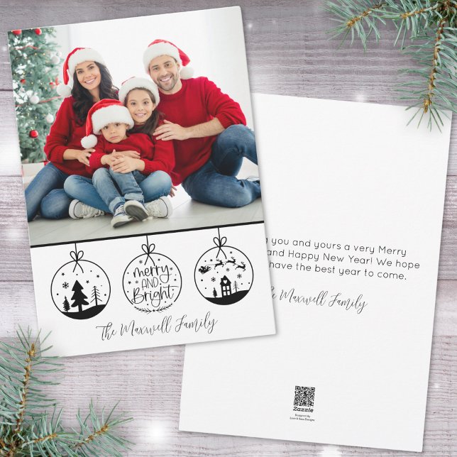 Cartes Pour Fêtes Annuelles Photo de Noël simple moderne noir et blanc (Simple Modern Black White Merry And Bright Photo Holiday Card )