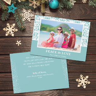 Cartes Pour Fêtes Annuelles Photo de Noël Turquoise et Blanc Damas