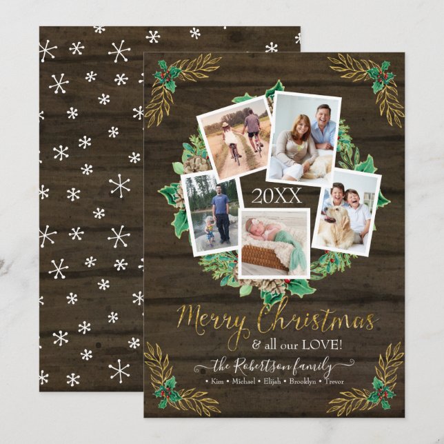 Cartes Pour Fêtes Annuelles Photo de Noël Wreath Gold Russe Aquarelle (Devant / Derrière)