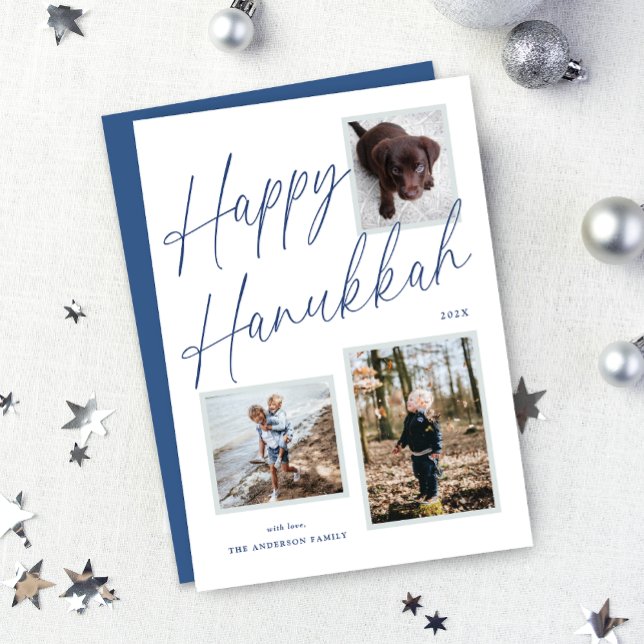 Cartes Pour Fêtes Annuelles Photo de script Hanoukka en noir et blanc (Black and White Happy Hanukkah Script Photo Holiday Card)