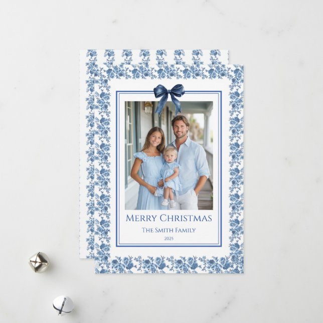 Cartes Pour Fêtes Annuelles Photo de style grandmillennial à chinoiserie bleu  (Devant/Arrière en situation)
