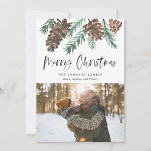 Cartes Pour Fêtes Annuelles Photo de vacances à l'aquarelle de Noël Cône de pi