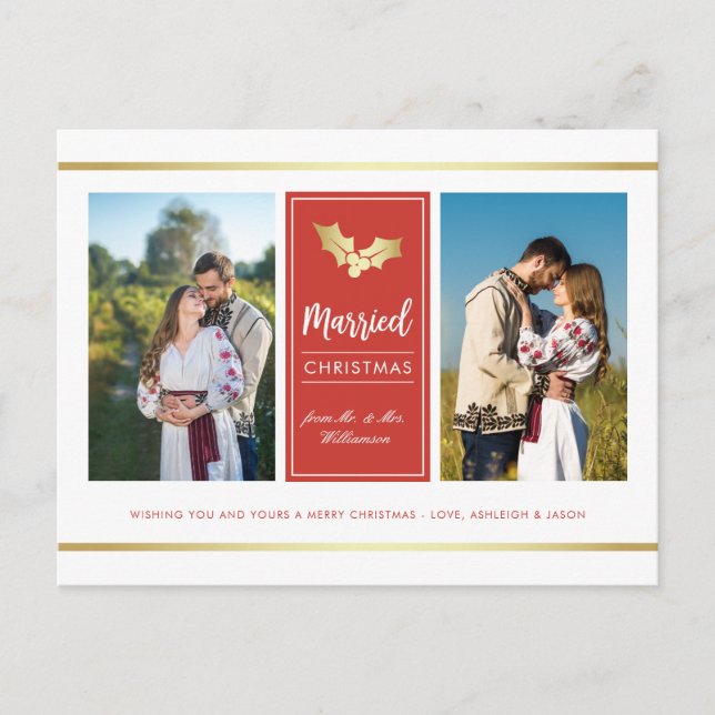 Cartes Pour Fêtes Annuelles Photo de vacances de Noël personnalisée Gold Holly (Devant)