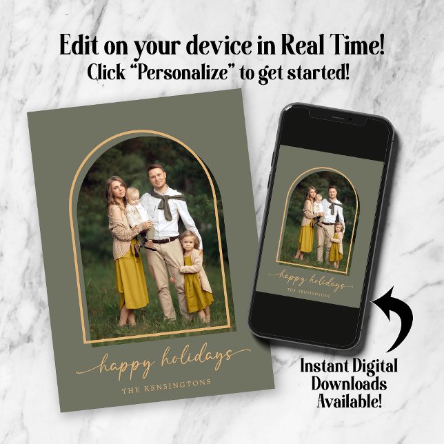 Cartes Pour Fêtes Annuelles Photo de vacances Elegant Arch Green Gold (Elegant Arch Green Gold Holiday Photo Card. Personalize in real time! Instant downloads available!)