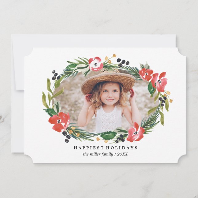 Cartes Pour Fêtes Annuelles Photo de vacances floral aquarelle chic (Devant)