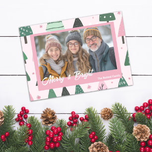 Cartes Pour Fêtes Annuelles Photo de vacances Preppy rose et vert sapin de Noë