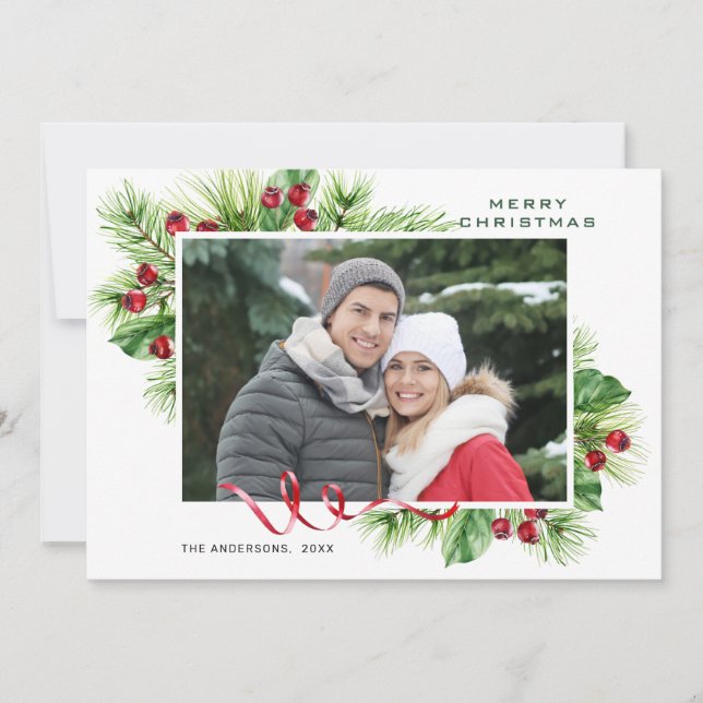 Cartes Pour Fêtes Annuelles Photo de vœux de Noël aux baies de houx festives (Devant)