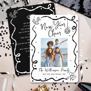 Cartes Pour Fêtes Annuelles Photo de vœux de Nouvel An noir et blanc dessinée 