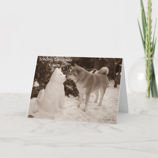 Cartes Pour Fêtes Annuelles photo du mignon chien de neige d'akita embrassant (Devant)