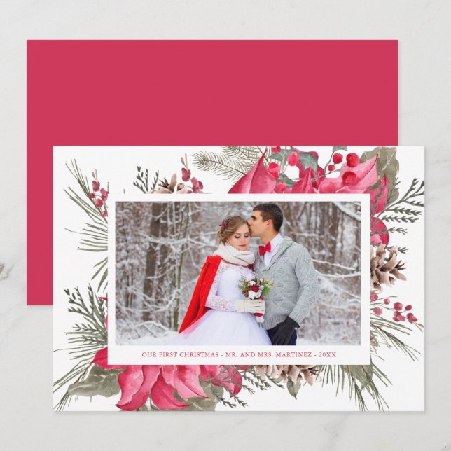 Cartes Pour Fêtes Annuelles Photo élégant de poinsettia rouge pour notre premi (Devant / Derrière)