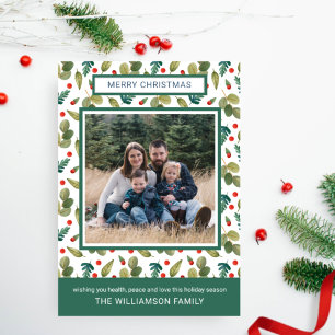 Cartes Pour Fêtes Annuelles Photo, Elegant Festive Green et Holly Motif