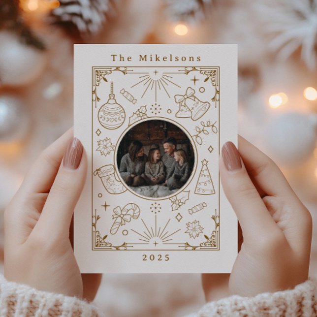Cartes Pour Fêtes Annuelles Photo Elegant Gold Line Art Christmas (Créateur téléchargé)