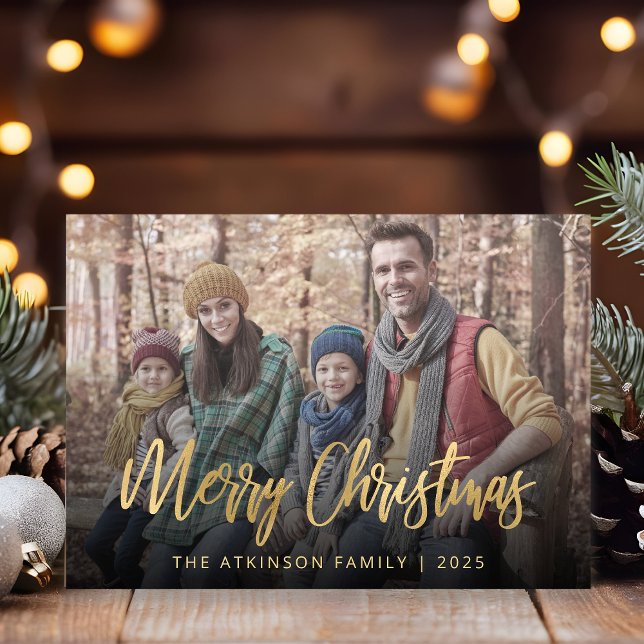Cartes Pour Fêtes Annuelles Photo famille Joyeux Noël Gold Script Beige (Créateur téléchargé)