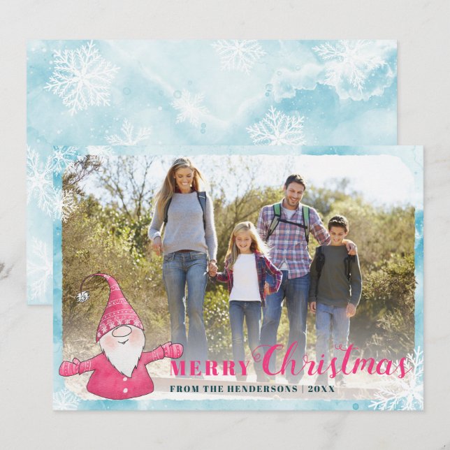 Cartes Pour Fêtes Annuelles Photo famille Turquoise bleu rose mignon Gnome Noë (Devant / Derrière)