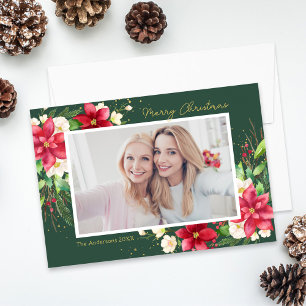 Cartes Pour Fêtes Annuelles Photo floral aquarelle de poinsettia vert
