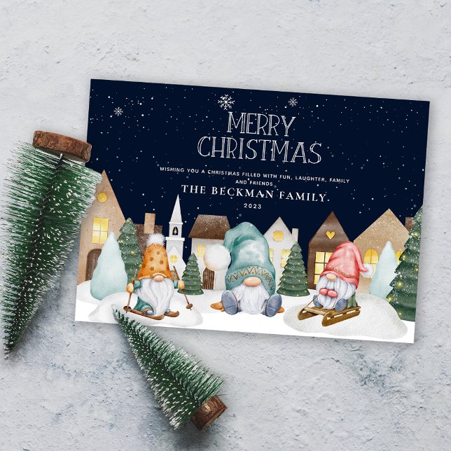 Cartes Pour Fêtes Annuelles Photo Gnomes mignons Neige hiver Joyeux Noël (Photo Cute Gnomes Winter Snow Merry Christmas Holiday Card)