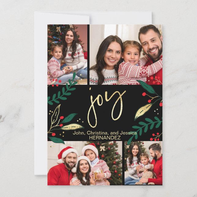 Cartes Pour Fêtes Annuelles Photo Gold Joy sur Black Christmas Greenery (Devant)
