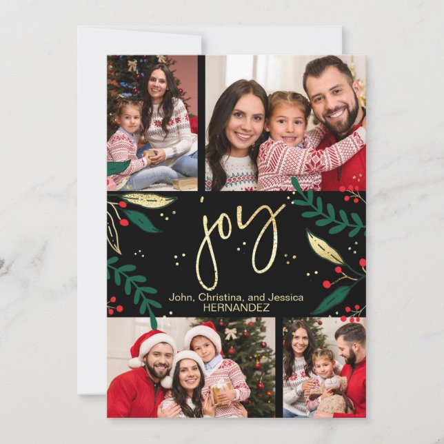 Cartes Pour Fêtes Annuelles Photo Gold Joy sur Black Christmas Greenery Holida (Devant)