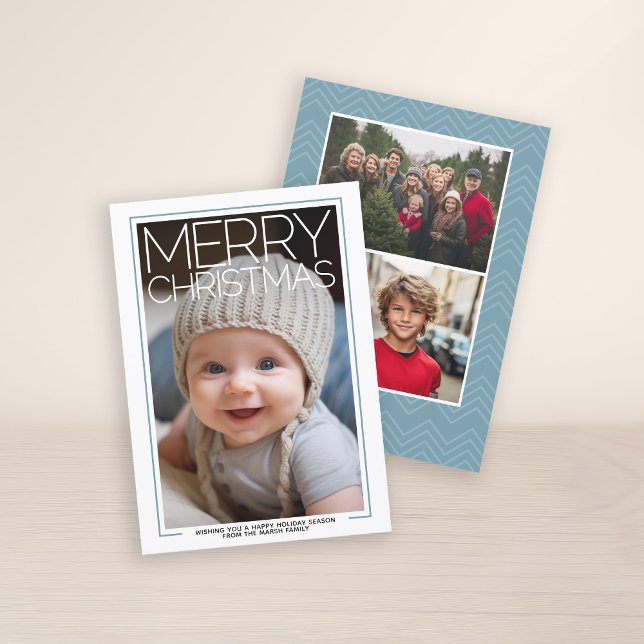 Cartes Pour Fêtes Annuelles Photo - grand Joyeux Noël - Bébé Accents Bleus (3 Photo Christmas Card with Huge White Type Overlay - Print and Download Option)