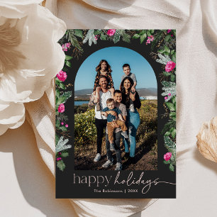 Cartes Pour Fêtes Annuelles Photo Happy Holidays Dark Grey Rose Greenery Arch