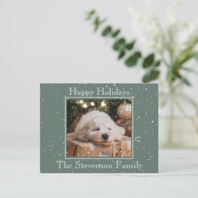 Cartes Pour Fêtes Annuelles Photo Happy Holidays Neige Overlay Budget Vert (Debout devant)
