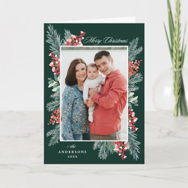 Cartes Pour Fêtes Annuelles Photo Holly and À feuillage persistant Joyeux Noël (Devant)