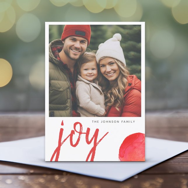 Cartes Pour Fêtes Annuelles Photo Joy Joyeux Noël Minimal Aquarelle Rouge (Whimsical Watercolor Christmas Card with 1 Photo - Print and Download Options Available)