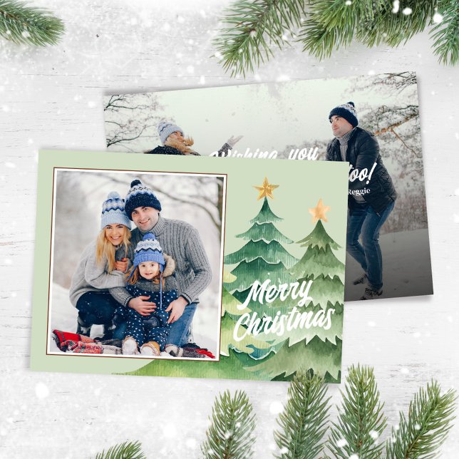 Cartes Pour Fêtes Annuelles Photo Joyeux Noël Aquarelle Arbres de Noël (Merry Christmas holiday photo card with watercolor Christmas trees. )
