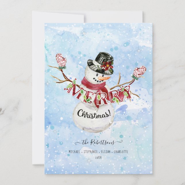 Cartes Pour Fêtes Annuelles Photo Joyeux Noël Bonhomme de Neige Aquarelle Mign (Devant)