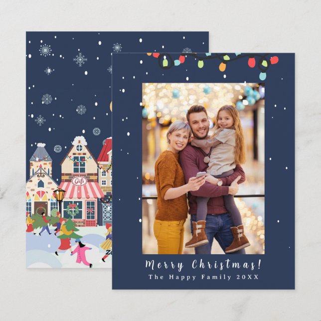 Cartes Pour Fêtes Annuelles Photo Joyeux Noël Neige Whimsy Blue (Devant / Derrière)