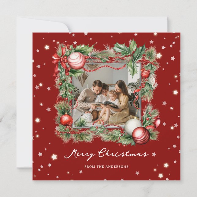 Cartes Pour Fêtes Annuelles Photo Joyeux Noël Wreath Stars Rouge moderne (Devant)