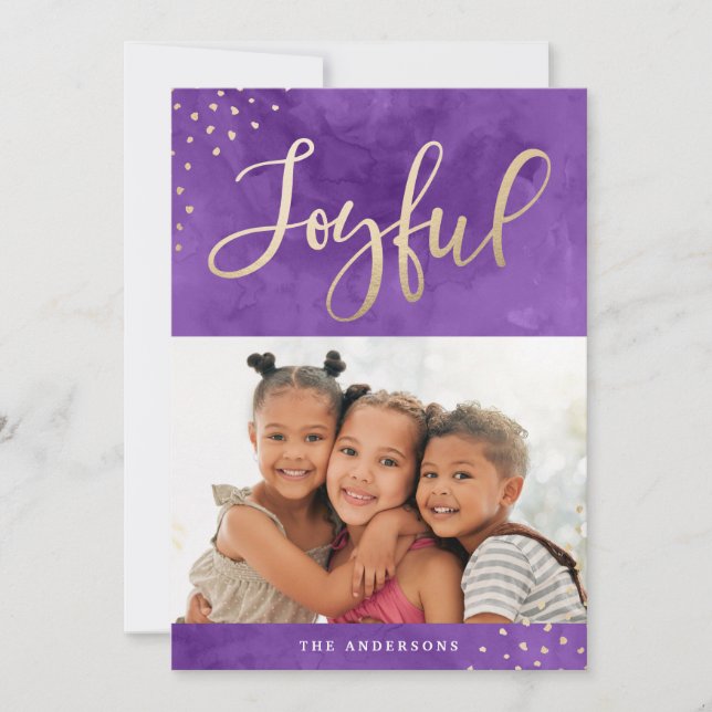 Cartes Pour Fêtes Annuelles Photo Joyeux or violet Aquarelle moderne (Devant)