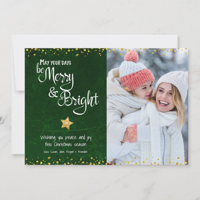 Cartes Pour Fêtes Annuelles Photo Merry Bright Script Green Gold Parties scint (Devant)