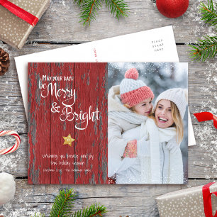Cartes Pour Fêtes Annuelles Photo Merry Bright Script Star Red Rustic Wood