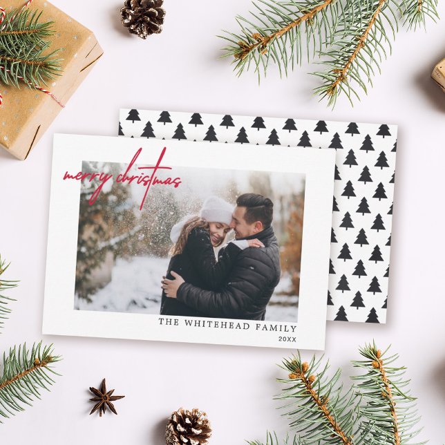 Cartes Pour Fêtes Annuelles Photo minimale Rouge Joyeux Noël Blanc (Créateur téléchargé)