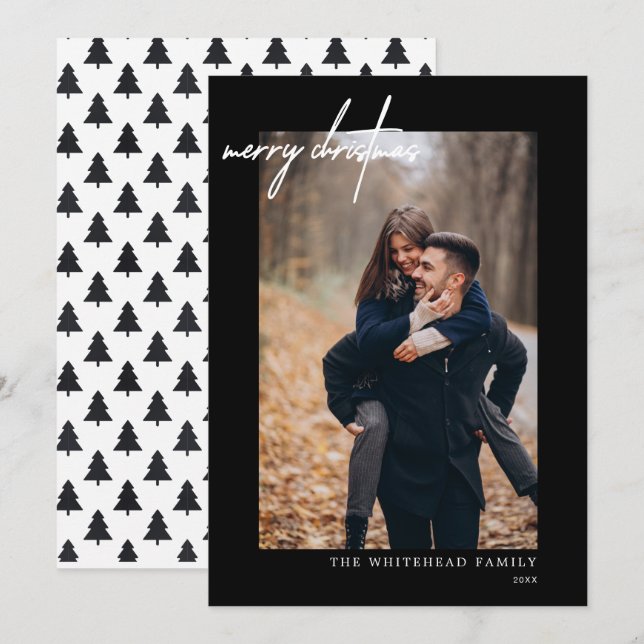Cartes Pour Fêtes Annuelles Photo moderne blanc Joyeux Noël noir (Devant / Derrière)