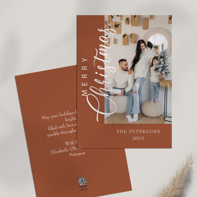 Cartes Pour Fêtes Annuelles Photo moderne Burnt Orange Salutation de Noël (Modern Burnt Orange Photo Christmas Greeting Holiday Card on white table)