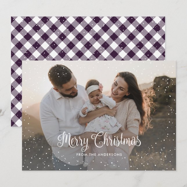 Cartes Pour Fêtes Annuelles Photo moderne de Neige Plaid violet Joyeux Noël (Devant / Derrière)