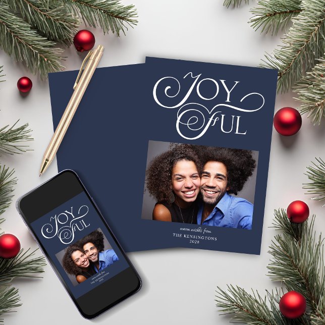 Cartes Pour Fêtes Annuelles Photo moderne de Noël bleu joyeux (Modern Blue Christmas Joyful Holiday Photo Card)