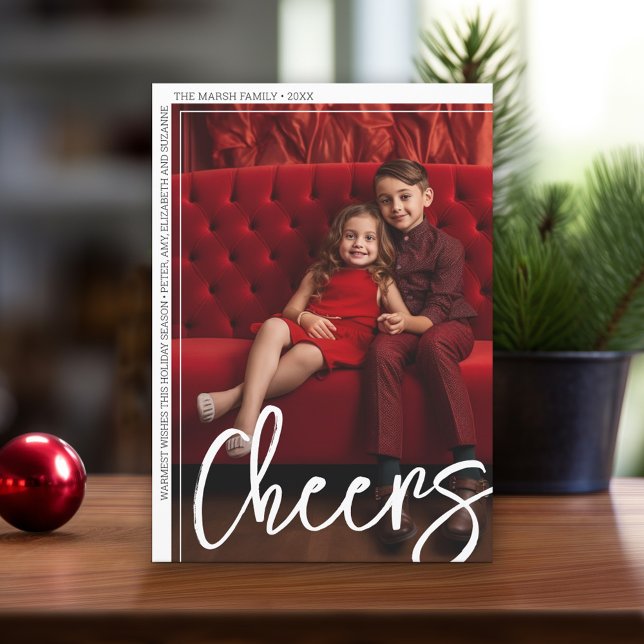 Cartes Pour Fêtes Annuelles Photo Moderne Frontière Minimale Cheers Arc Rétro  (Modern Christmas Card with Photos)