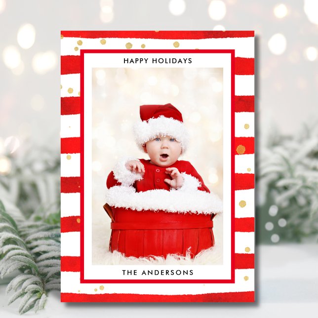 Cartes Pour Fêtes Annuelles Photo moderne Joyeux Noël Rouge en bande (Créateur téléchargé)