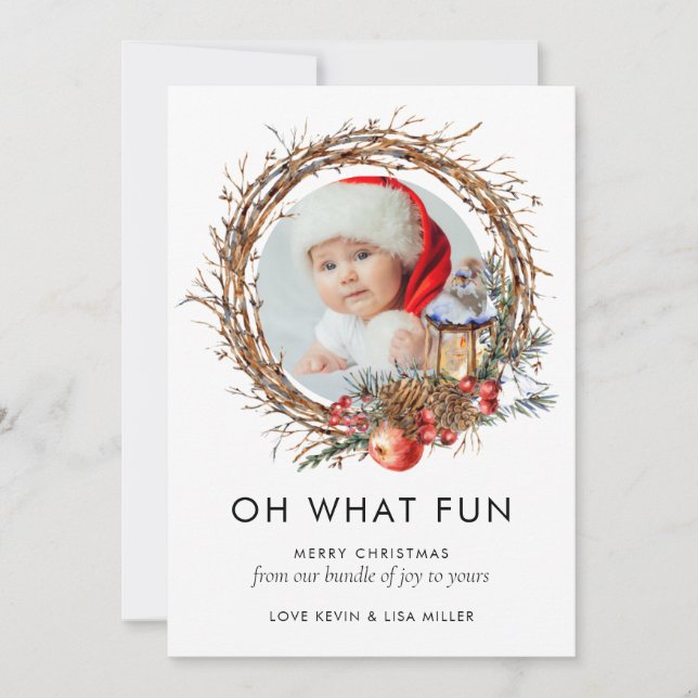 Cartes Pour Fêtes Annuelles Photo moderne Nouveau bébé Famille de Noël Wreath (Devant)