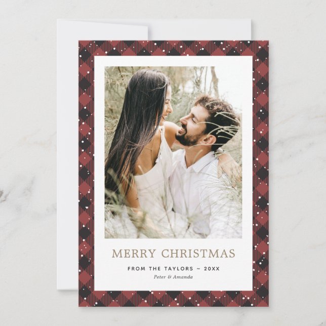 Cartes Pour Fêtes Annuelles Photo moderne Red Plaid Gold Snow Joyeux Noël (Devant)