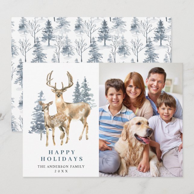 Cartes Pour Fêtes Annuelles PHOTO Noël Elégant Cerf Pine Tree (Devant / Derrière)
