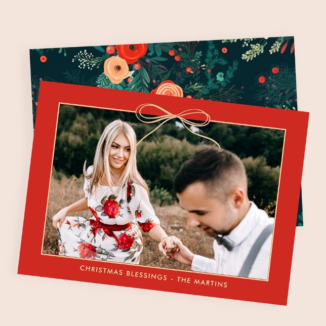 Cartes Pour Fêtes Annuelles Photo Noël Floral Red Elegant Bow (Créateur téléchargé)