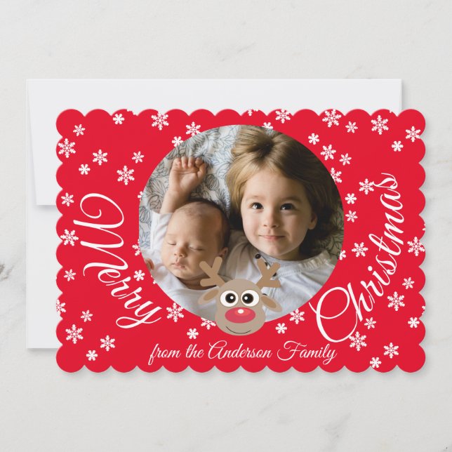 Cartes Pour Fêtes Annuelles Photo Noël Rouge Cute Reindeer Blanc Script (Devant)