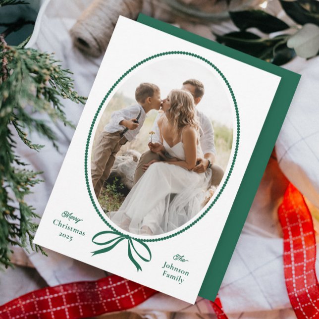 Cartes Pour Fêtes Annuelles Photo ovale simple Bow vert Noël (Had drawn bow oval frame classic photo Christmas holiday cards.)